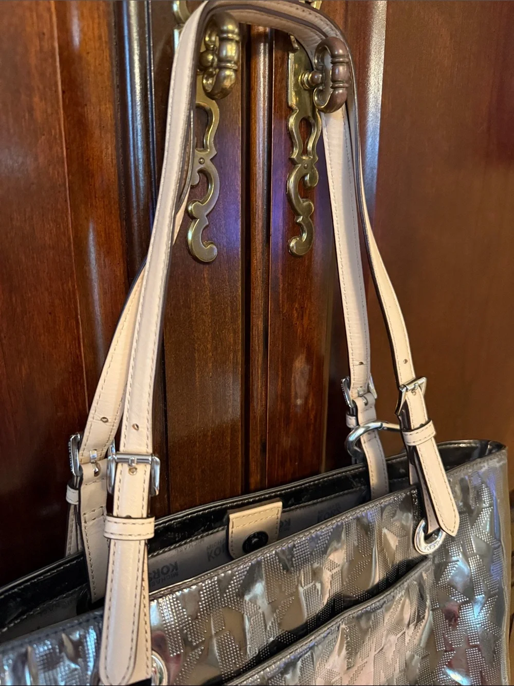 Michael Kors Shimmer Bronze Logo Tote with Beige Straps